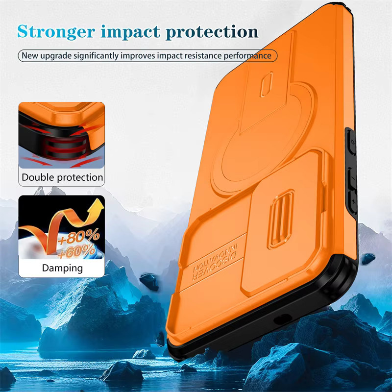 Magnetische 3-in-1 Schutzhülle für Samsung Galaxy S25 Ultra S24 Plus FE S25edge S25FE in Orange mit klappbarem Ständer und verstecktem Linsenschutz - Bild 2