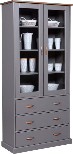 ebuy24 Luzerna Vitrinenschrank aus massivem Kiefernholz mit Glastüren und Schubladen in Grau und Braun im Landhausstil - Bild 1
