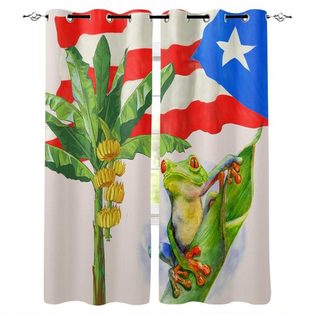 Bambus und Frosch Dekorative Fenstergardinen mit Blumenmuster, halbtransparent, Multicolour, Breite: 135 cm, Höhe: 60 cm - Bild 1