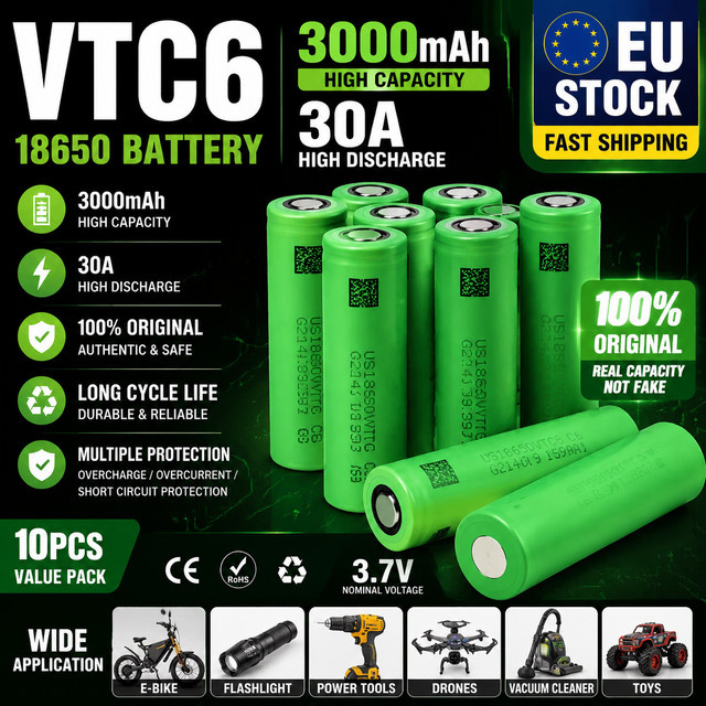 18650 VTC6 Lithium-Ionen-Akku 3,7V 3000mAh Hochleistungs-Zelle in Grün für LED-Taschenlampen und tragbare Beleuchtungsgeräte - Bild 1