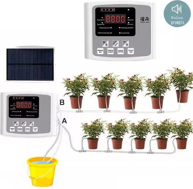 Automatisches Solar Bewässerungssystem für den Garten mit Bewässerungs-Timer und Tropfbewässerungs-Kit in Grau und Weiß - Bild 1
