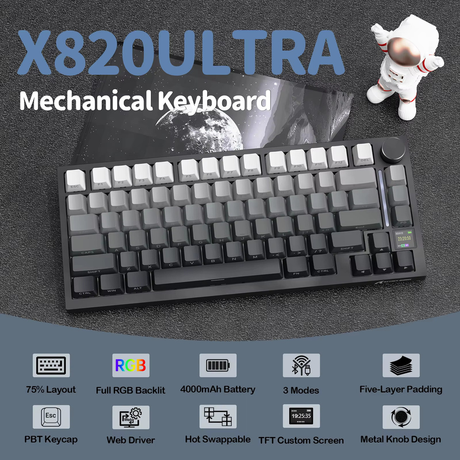 ATTACK SHARK X820 Ultra Gasket Mechanische Tastatur mit TFT-Bildschirm und Drehregler, 75% ANSI-Layout, Tri-Modus mit 5 Schallabsorbierenden Schaumstoffen - Bild 2