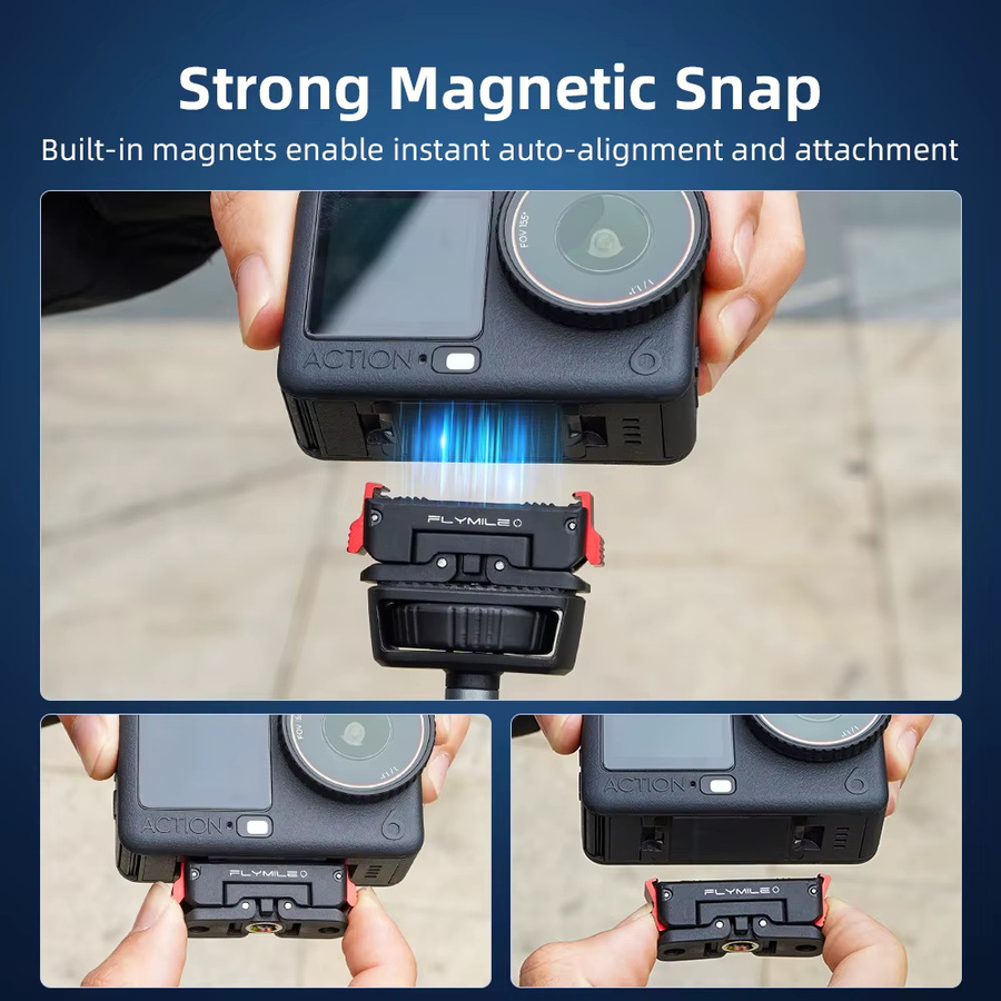 Flymile Magnetischer Adapter für DJI Action 6 und OSMO NANO Kamera Zubehör, Drehbare Schnellwechselbasis und Zweiklauen-Erweiterung in Schwarz - Bild 4