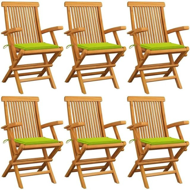 vidaXL Gartenstuhl-Set aus Teak-Massivholz mit hellgrünen Kissen, 6 Stück, Braun - Bild 1