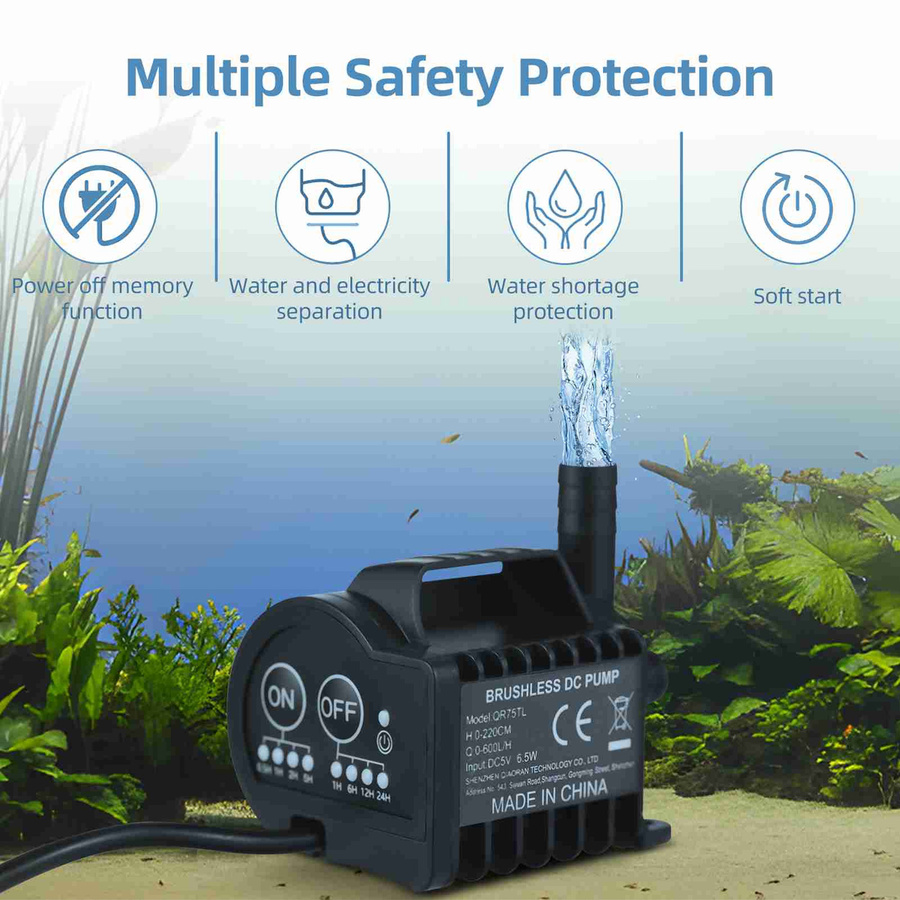 Mini 5V Wasserpumpe QR75TL von mfySpace in Schwarz mit 4 Gängen, Timing-, Beschleunigungs- und Verzögerungsfunktion, max. 600L/h Durchfluss und 2m Förderhöhe - Bild 3