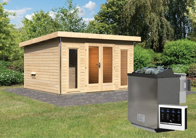 Saunahaus MAINBURG 2 mit Vorraum und BioKombiofen 9.0 kW, Set B, naturbelassen, inkl. 3 Liegen, B/T/H: 369 x 309 x 225 cm und Sauna: 225 x 190 cm - Bild 1