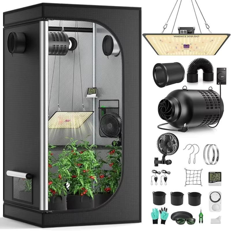 Growzelt Komplettset in Schwarz mit dimmbaren LED-Wachstumslampen, Clip-On-Lüfter und Aktivkohle-Luftfilter für Indoor-Pflanzen - Bild 2