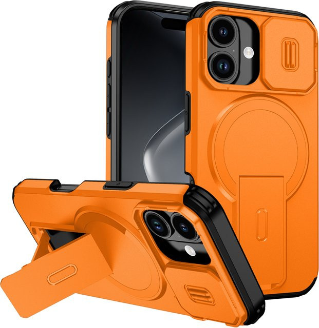 OLPAY Magnetische Panzerhülle mit Objektivschutz und Klapphalterung für iPhone 17 Air, 16, 15, 14, 13 Pro Max Plus, MagSafe kompatibel, Schwarz/Orange - Bild 1