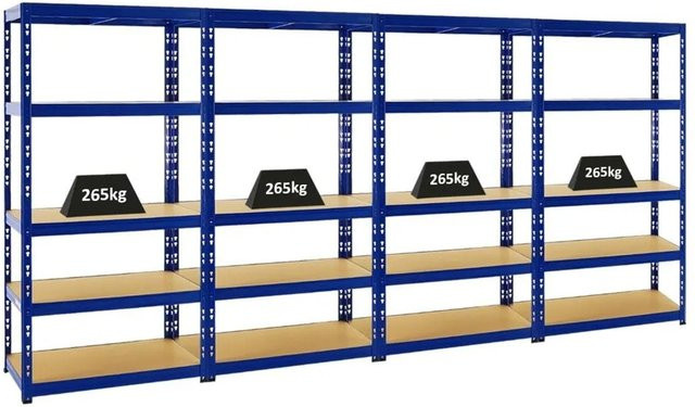 4x PROREGAL Schwerlastregal Tiger, 5-Ebenen mit verstellbaren Fachböden aus HDF-Holz, Blau, H x B x T: 180 x 90 x 45 cm - Bild 1