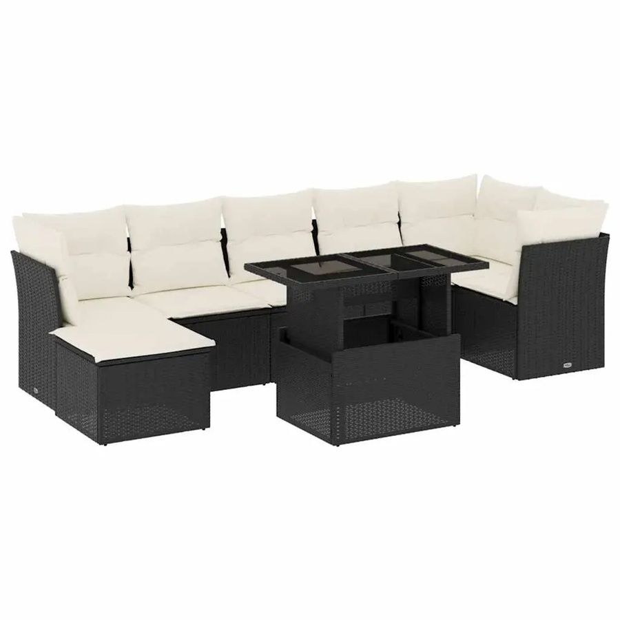 vidaXL 8-teilige Garten-Sofagarnitur in L-Form aus Poly-Rattan und pulverbeschichtetem Stahl mit Kissen in Schwarz-Creme - Bild 2