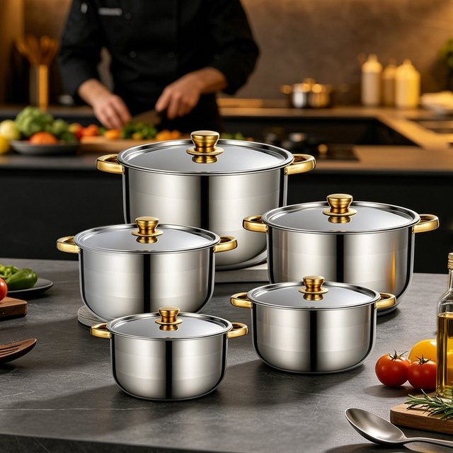 Lpnove 5-teiliges Edelstahl-Kochgeschirr-Set in Silber mit Antihaftbeschichtung und ergonomischen Griffen inklusive Pfannen und Kochtopf mit Deckel - Bild 1