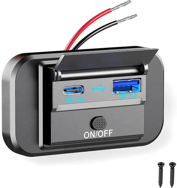 Meiteai-Car&Motor Dual-USB-Autoladegerät mit PD+QC Schnellladefunktion für Auto, Motorrad, LKW und Boot in Schwarz und Blau - Bild 1