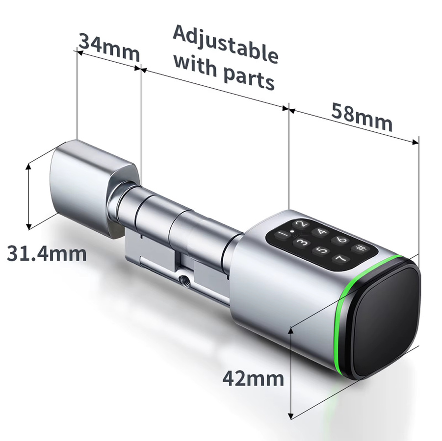 Smart-Türschloss-Zylinder 60mm Silber mit IP53 Wasserdichtigkeit und vier Entsperrmöglichkeiten via App, Passwort, Karte oder Schlüssel - Bild 3