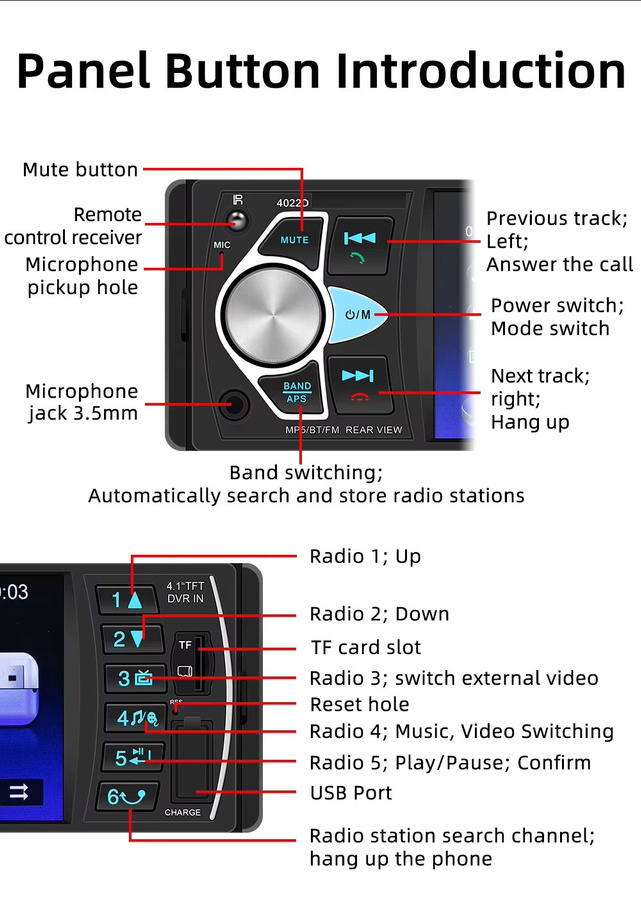BQCC Autoradio MP5-Player 4022D mit Bluetooth, USB und TF-Kartenslot, 7 Farblichter, Schwarz - Bild 5