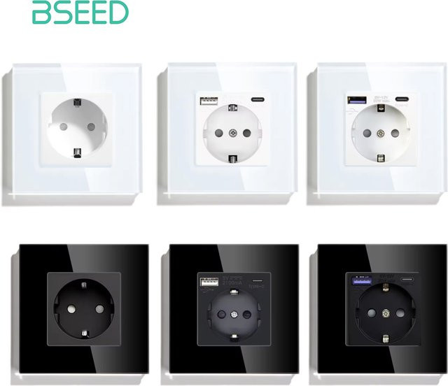 BSEED Wandsteckdose mit Glasrahmen und USB-C Anschluss, Einzelsteckdose Typ C, 16 A, EU-Standard - Bild 1