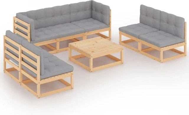 vidaXL 8-tlg Garten-Lounge-Set aus massivem Kiefernholz mit grauen Polsterkissen in L-Form - Bild 1