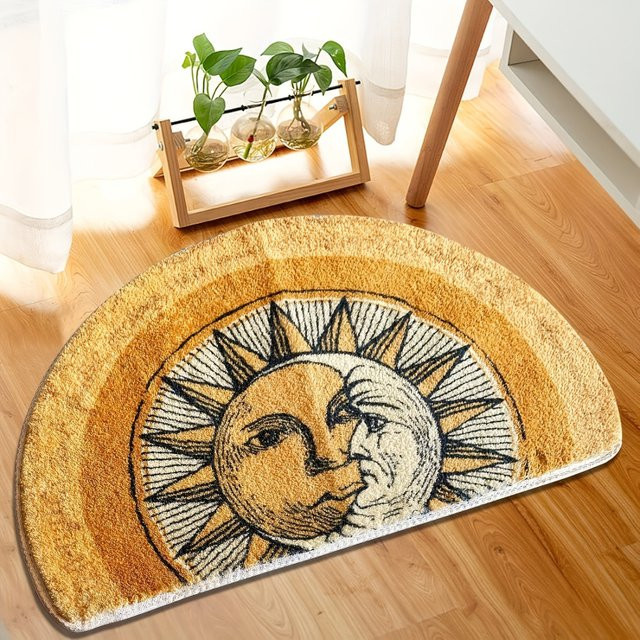 VIKAMA Halbrunder Teppich mit Vintage-Sonnen- und Mondmuster, rutschfeste Bodenmatte für Schlafzimmer und Badezimmer, Durchmesser: 70 cm - Bild 1