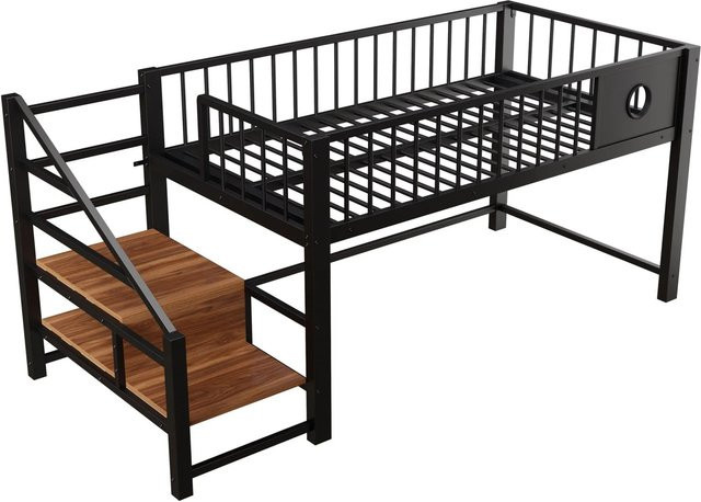 Merax Hochbett für Kinder mit Stauraumleiter und Seitenfächern aus Metall und MDF, Schwarz, B/T/H: 200 x 90 x 155 cm - Bild 1
