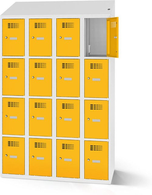 rotstahl Fächerschrank mit Ladefunktion und 16 Fächern in Gelb mit lichtgrauem Korpus, B: 120 cm, H: 200 cm - Bild 1