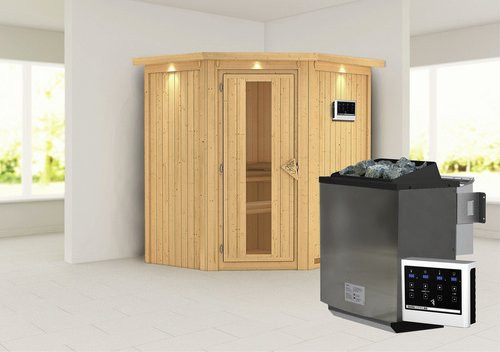 Karibu Narva Bio-Kombi-Sauna aus Fichtenholz für 3 Personen inkl. 9 kW Saunaofen mit externer Steuerung, beige - Bild 1