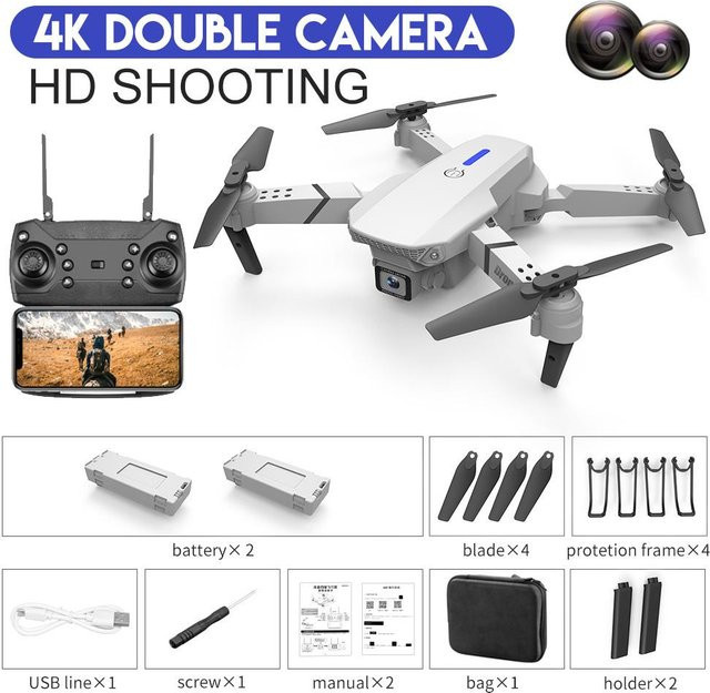 PRISMA E88 RC Mini Drohne 4K Weitwinkel mit Dual Kamera, WiFi FPV und optischer Fluss Positionierung, faltbarer Quadcopter in Grau - Bild 1