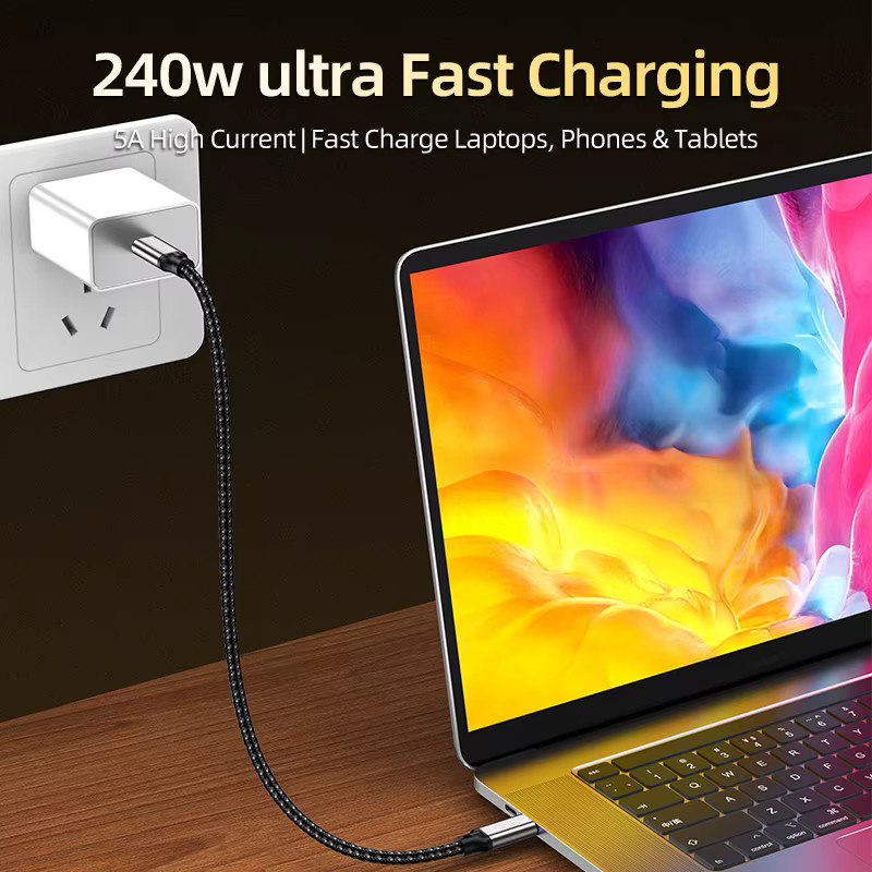 WANJEED USB-C-auf-USB-C-Kabel, 240W 5A Schnellladekabel, 80Gbps Datenübertragung und 16K@60Hz Videoausgabe, geflochten, Schwarz - Bild 3