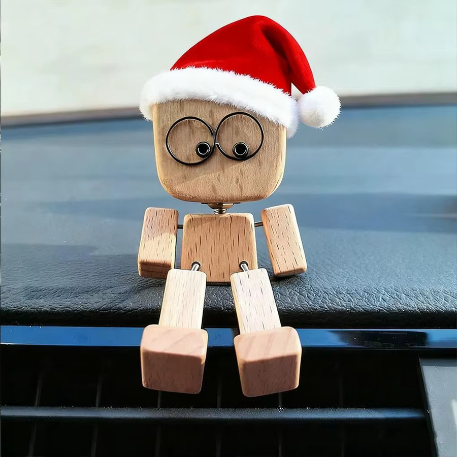 BoFaCarry Handgefertigte Weihnachtsmütze Holzpuppe mit schüttelnden Füßen als Dekoration für Auto Armaturenbrett oder Desktop in Mehrfarbig - Bild 4