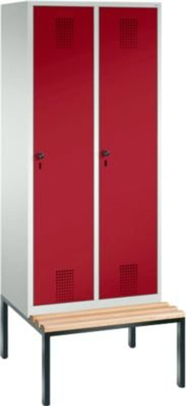 C + P Garderobenspind Evolo S 3000 aus Stahl mit integrierter Sitzbank, 2 Abteile mit je Breite: 40 cm, Sicherheitsdrehriegelverschluss, Farbe: lichtgrau RAL 7035 und rubinrot RAL 3003 - Bild 2