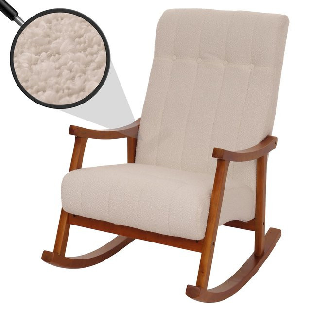 Schaukelstuhl MCW-K10 Relaxsessel mit Armlehnen aus Holz und beige Bouclé-Stoffbezug in Walnuss-Optik - Bild 1