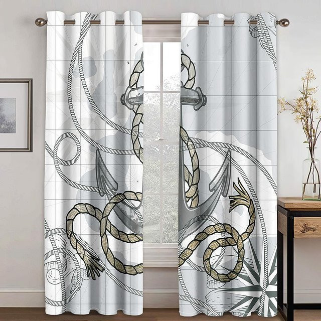 A Family Of Home Textiles Nautische Vorhänge mit Boot Skizze, Schiff, Kompass und Anker, semi-transparent, Weiß, 2 Panels, Höhe: 175 cm, Breite: 220 cm - Bild 1