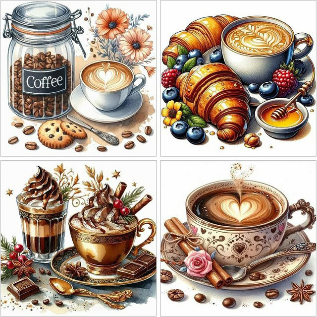 Evershine DIY Diamant-Mosaik Set 4 Stück mit Kaffeetasse und Croissant, rund, mehrfarbig, Durchmesser: 20 cm - Bild 1