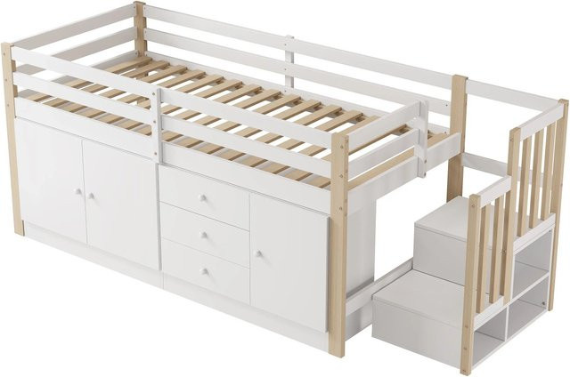 KOMHTOM Hochbett für Kinder als Einzelbett in Weiß mit Treppe, Schubladen, 2 Stauschränken und Wäschestange, B/T/H: 200 x 90 x 253 cm - Bild 1