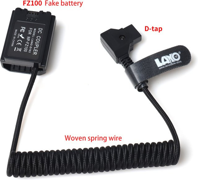 LANO NP-FZ100 Dummy-Akku mit D-Tap-Stecker für Sony-Kameras, Rot-Blau-Schwarz mit Nylongeflecht und verstärkten Anschlüssen - Bild 1