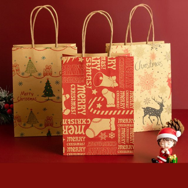 4 Stück Kraftpapier Geschenkbeutel mit Apfel-Motiv für Weihnachten und Neujahr, bunte Party-Geschenkverpackungen für Kinder - Bild 1