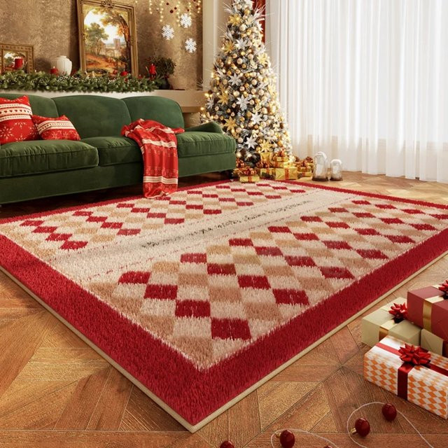 VIKAMA Schachbrett-Plüschteppich in Rot und Weiß für Wohnzimmer und Schlafzimmer - Bild 1