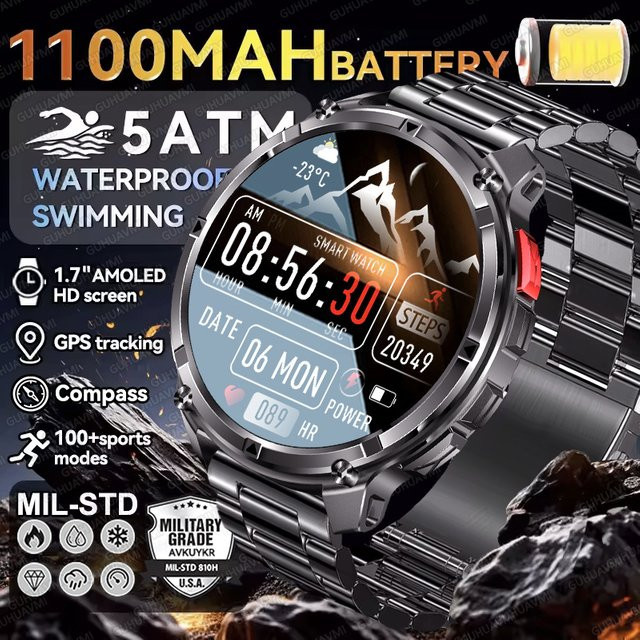 GUHUAVMI Militär Smartwatch für Männer mit GPS, Bluetooth-Anruffunktion, 1100 mAh Akku und 5ATM Wasserdichtigkeit in Schwarz - Bild 1