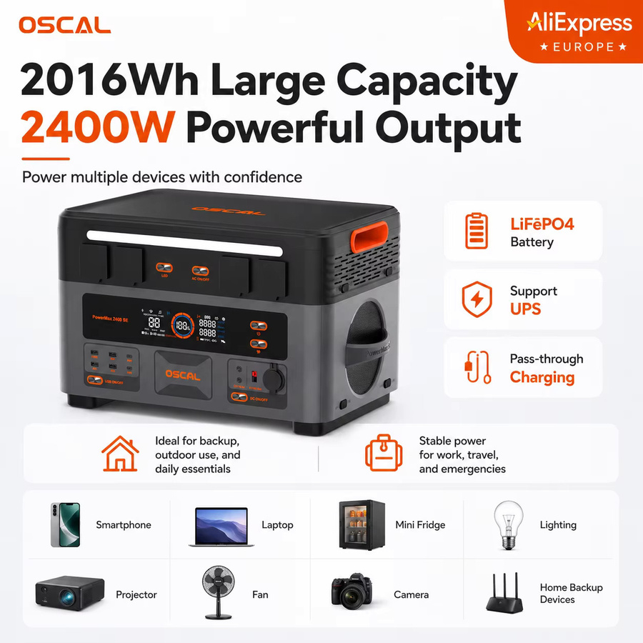 Tragbare Powerstation OSCAL PowerMax2400-SE in Schwarz mit 2400W, 2016Wh LiFePO4 Akku, Solargenerator mit USV-Funktion, Schnellladung und WLAN-App-Steuerung für Camping und Notstromversorgung - Bild 5