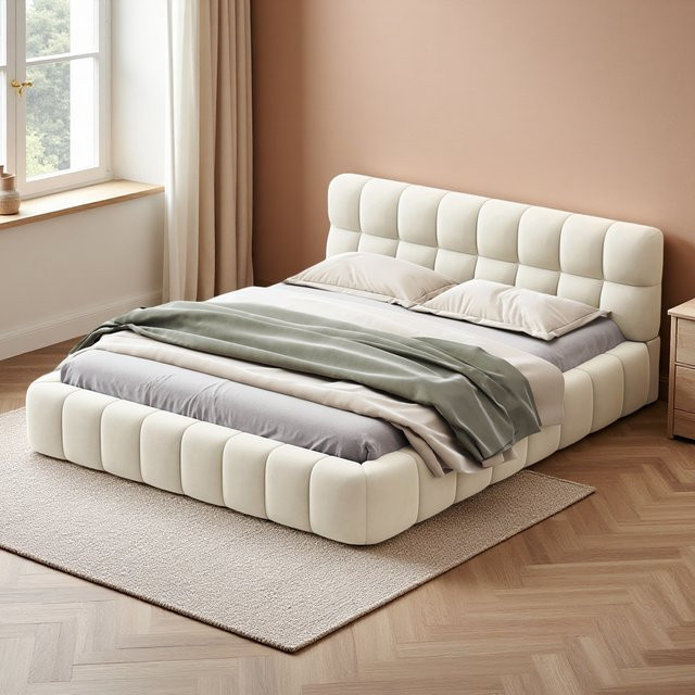 Rosahqnda Polsterbettgestell mit Kopfteil für Erwachsene in Grau/Beige aus Leinen, B: 140 cm, L: 190 cm - Bild 1