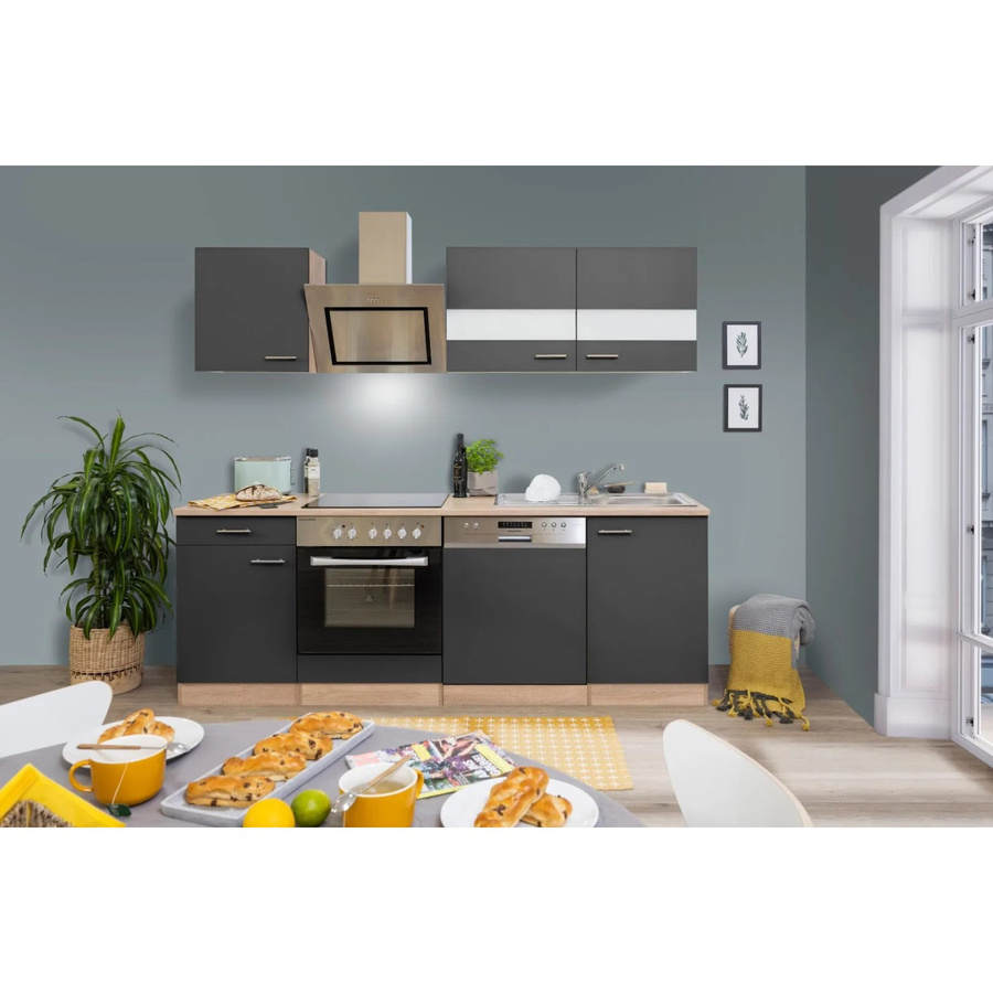 Respekta Economy Küchenzeile KB220ESGSC in Grau-Eiche Sägerau Glänzend mit Glastüren und Soft-Close-Funktion, Breite: 220 cm, Tiefe: 60 cm - Bild 2