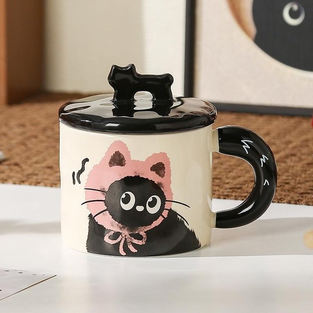 Keramiktasse mit Deckel von Yiran toy 1 in Schwarz mit Katzenmotiv für Kaffee und Frühstück, 350 ml - Bild 1