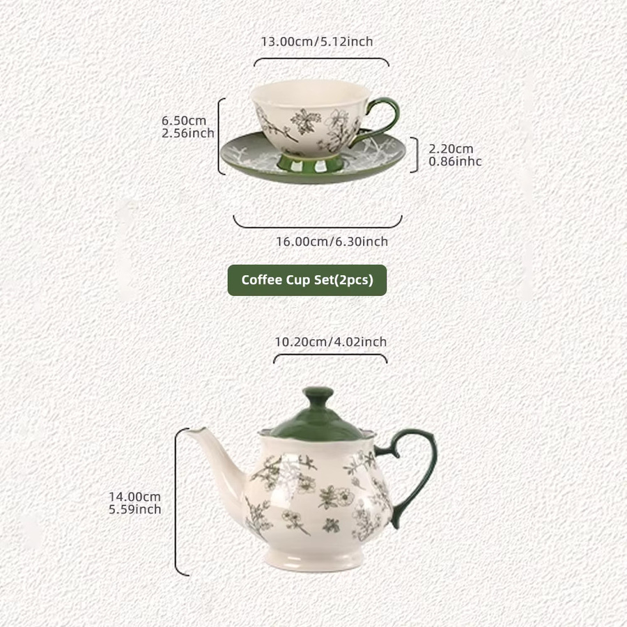 SHUNXIANG Keramik-Teeservice aus Porzellan mit grünem Blumenmuster inklusive Teekanne, Teetassen und Untertassen - Bild 2