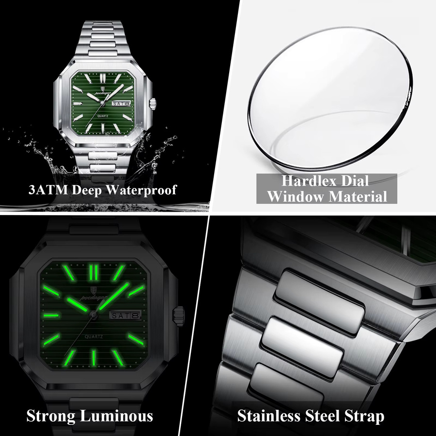 POEDAGAR Armbanduhr Quarz, Edelstahl, Silber, Grün, Herren - Bild 4