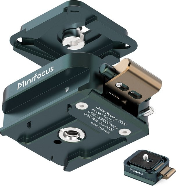 Minifocus Schnellwechselplatten-Set in Schwarz, Arca Swiss kompatible Kamerastativhalterung und Stativadapter für Sony, Nikon und DJI - Bild 1