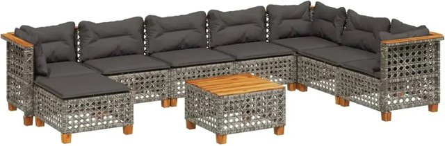 vidaXL 9-tlg Garten-Sofagarnitur aus Poly Rattan und Akazienholz in Grau mit Kissen Modell 137 - Bild 1