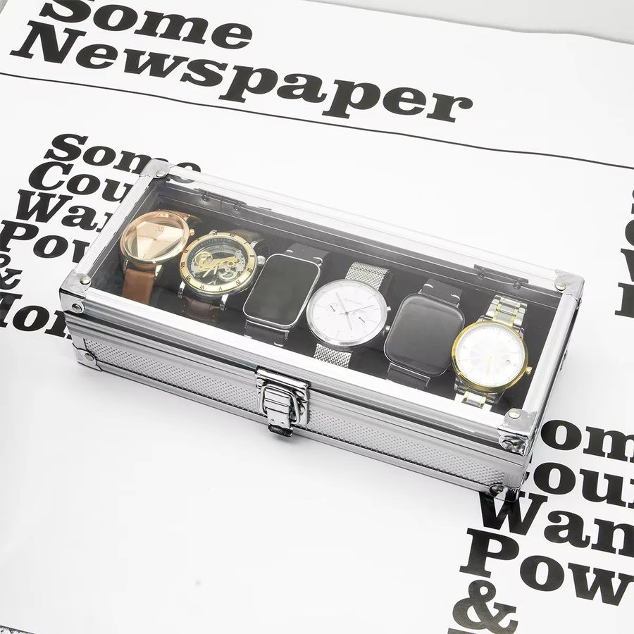 CAOWTAN Uhrenbox aus Aluminium in Silber mit 12 Fächern und Wildleder-Inlay, rechteckige Schmuck- und Uhren-Aufbewahrungsbox - Bild 2