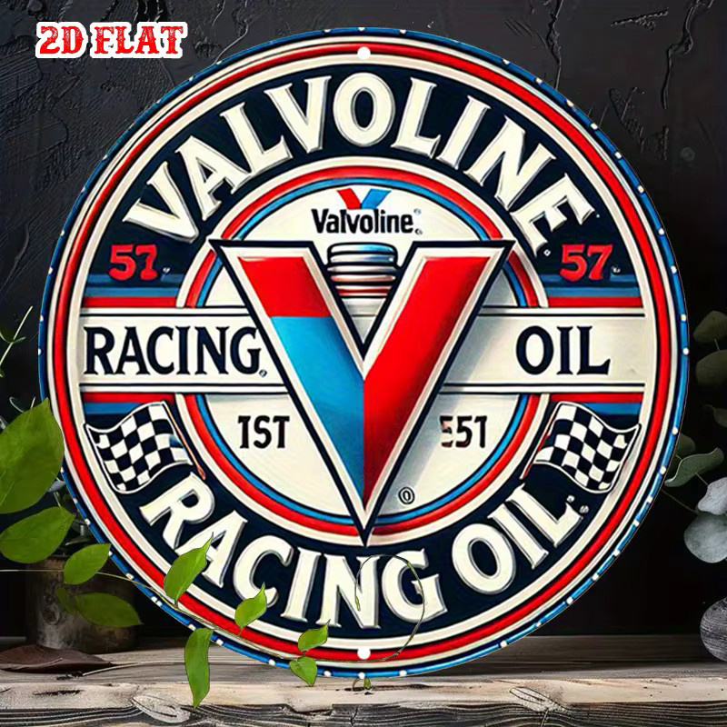 Valvoline Vintage Racing Oil Metallblechschild rund mit karierten Flaggen und Retro-Logo, Durchmesser: 20 cm, Mehrfarbig - Bild 2