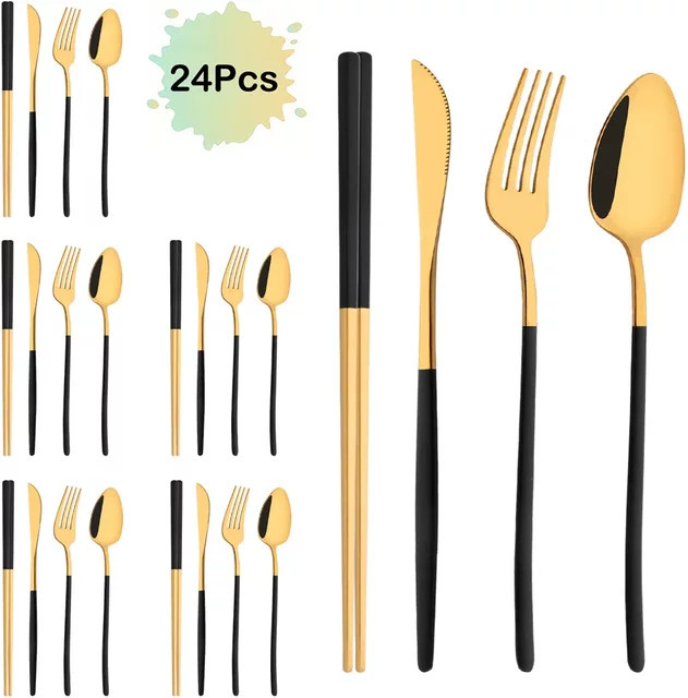 24-teiliges Luxus Besteckset aus Edelstahl in Schwarz und Gold mit Messer, Gabel, Löffel und Stäbchen von uniturcky - Bild 1