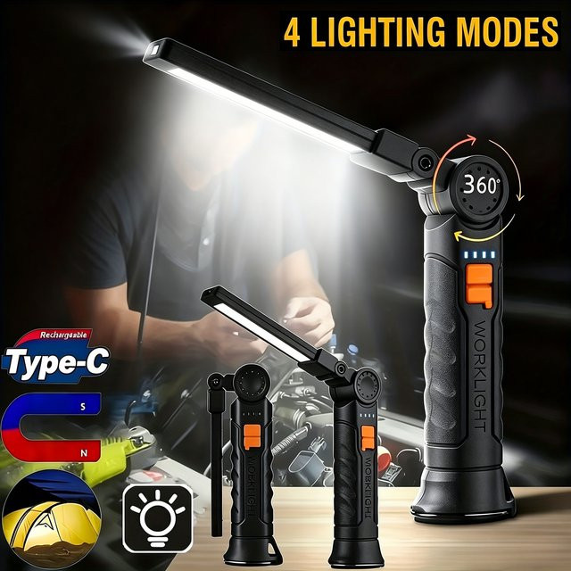 ZHIYU Tragbare COB-LED-Arbeitsleuchte in Schwarz mit 800 Lumen, wiederaufladbare USB-Magnet-Hängelampe mit integriertem Akku für Garten, Arbeit und Notfälle - Bild 1