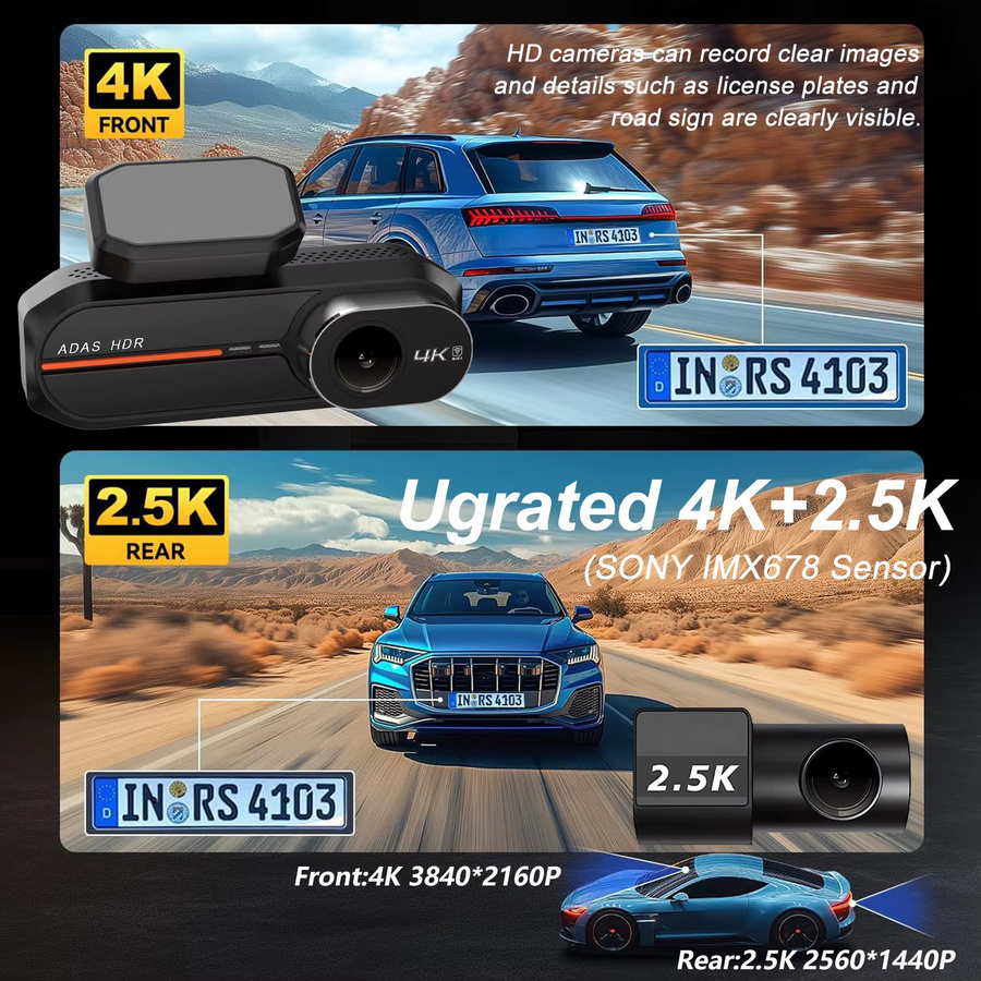 MYOLSD ADAS Dashcam mit 4K und 2.5K Dual-Objektiv, WLAN Auto-DVR Mini-Fahrtenschreiber mit 24-Stunden-Überwachung und Nachtsicht, Schwarz - Bild 4