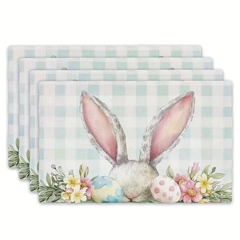 VIKAMA Oster-Tischset 4-teilig aus Leinen mit Hasen, Eiern und Blumenmuster in Mehrfarbig - Bild 2